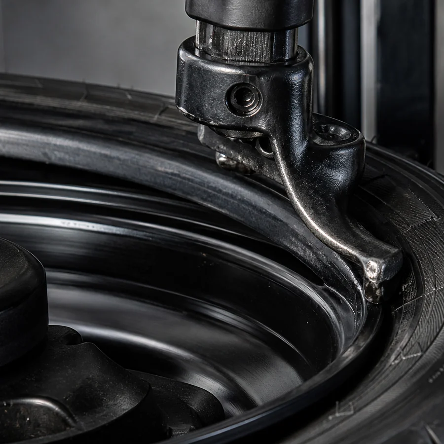 Close-up of a tire changer mount-demount head on a wheel