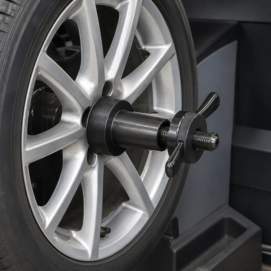 Alloy wheel mounted on the shaft of a wheel balancer