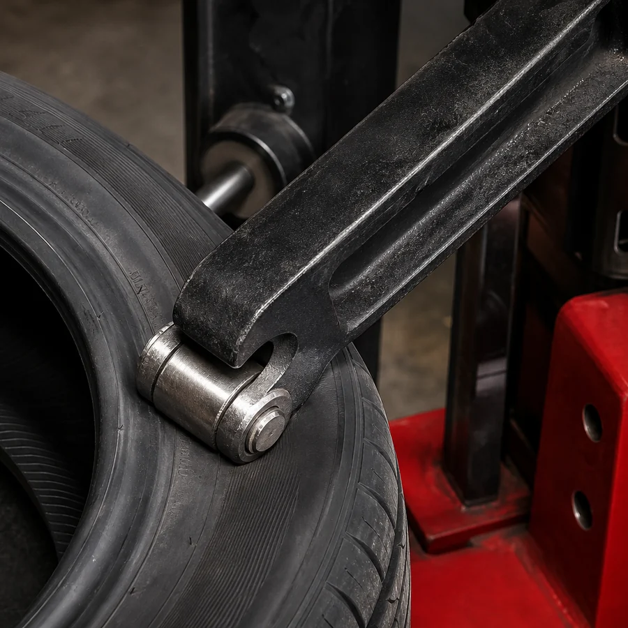 Bead breaker arm pressing a tire sidewall