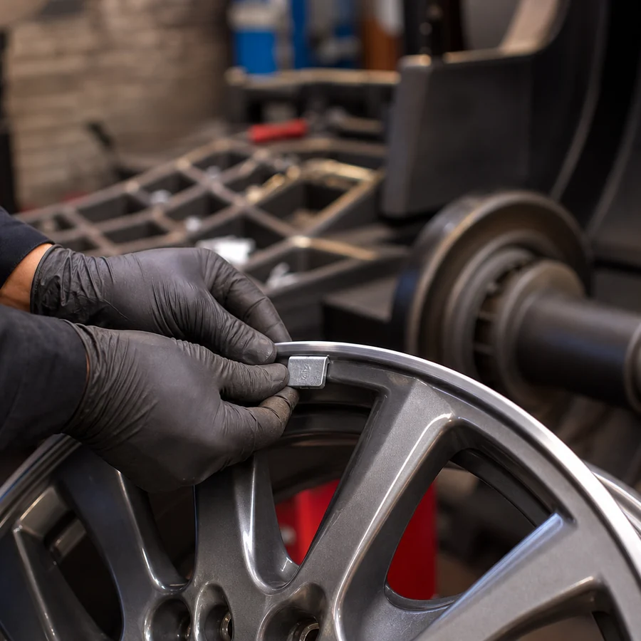 Gloved hands fitting a wheel weight near a balancer