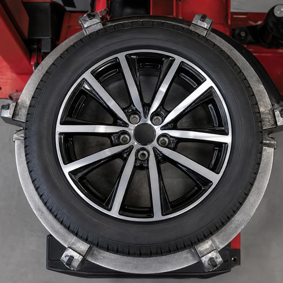 Top view of a wheel held in the turntable clamps